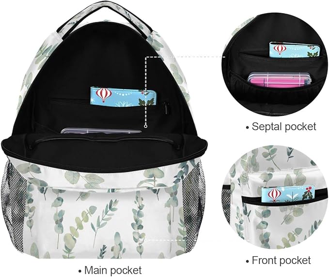 Green Sage School Backpack for Kids Boy Girls Eucalyptus Leaf School Bag Daypack Spring Floral Laptop Bookbags Camping Travel Outdoor Shoulder Bag One Size
