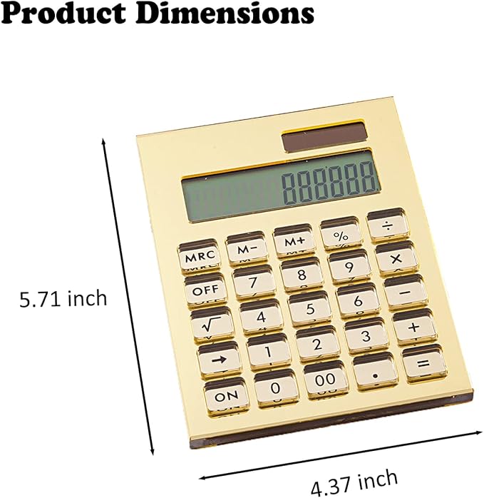 Calculator Gold Mirror, Solar Power Acrylic Slim Calculator with Large LCD Display and Stand, 12 Digits Handheld Desktop Calculator for Office, School, Financial Accounting Business