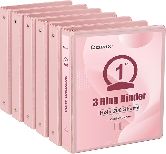 COMIX Standard 3 Ring Binder 1 inch with Clear View Cover, 1" Round Ring View Binder Holds 200 Sheets of US Letter Size Paper for School Office Supplies, 6 Pack (Pink)