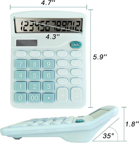 Basic Calculator with Comfortable Large LCD Display, 12 Digits Calculators Desktop, Tilt Screen, Big Button, Desk Calculator with Dual Power (Solar & Battery Included) (Blue)
