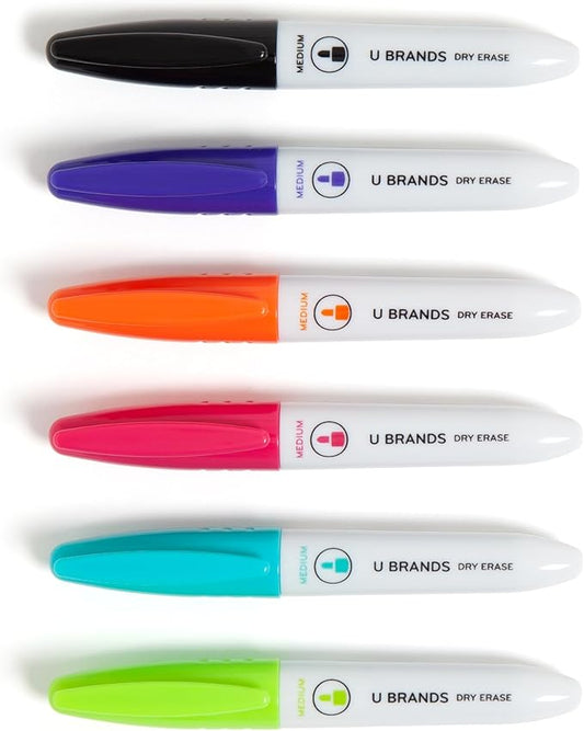 U Brands Fine Tip Dry Erase Markers, Mini Size Whiteboard Markers, Low Odor, Assorted Bright Colors, Set of 6