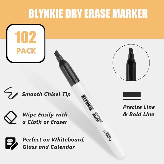 Dry Erase Markers Bulk Pack of 102 Chisel Tip Black Whiteboard Markers, Low Odor Suitable for School Office and Home