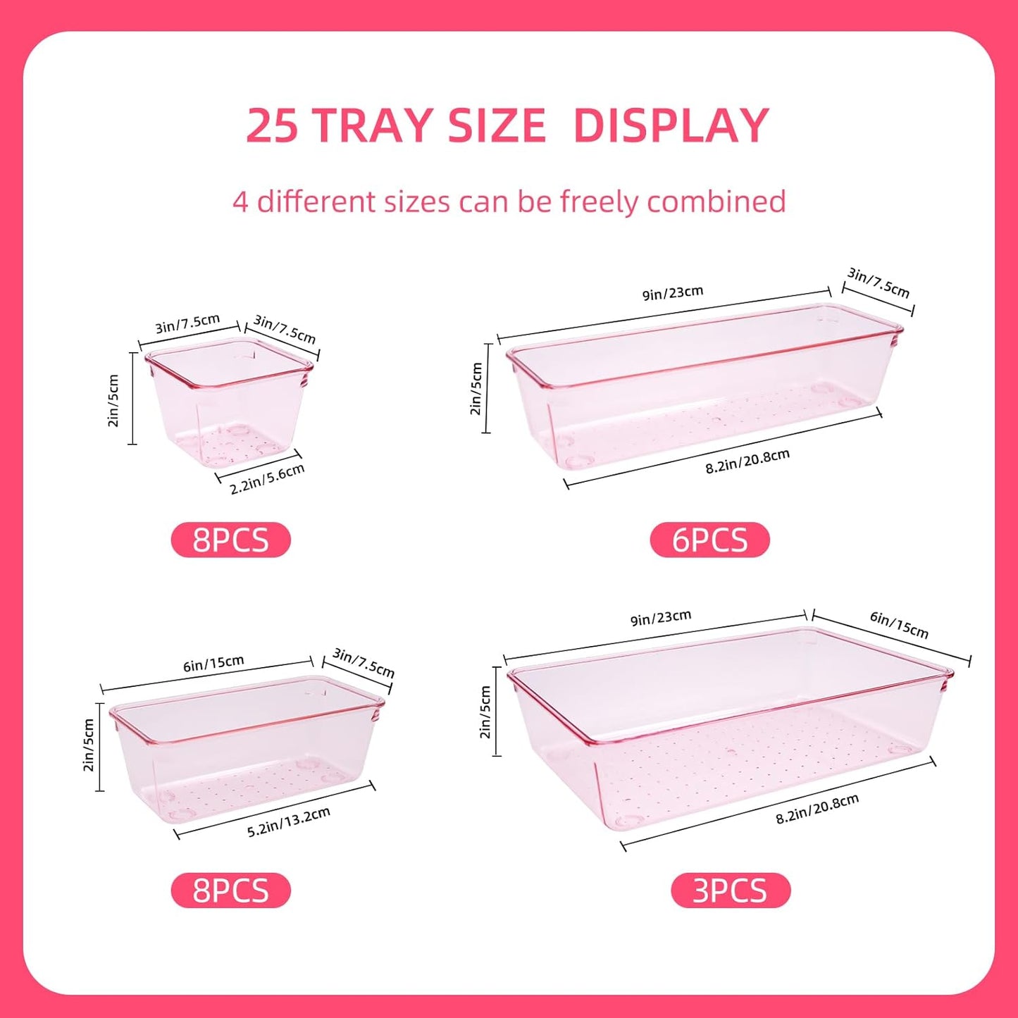 Kitchen Desk Drawer Organizers Storage for Office, Small Acrylic Vanity Trays Makeup Organizer for Drawer Bathroom Plastic Make up Organizers 25 Pcs Pink