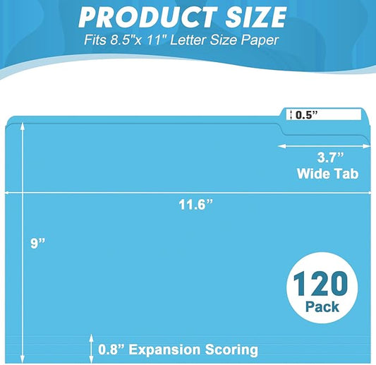 File Folder, HERKKA 120 Pack 1/3 Cut Tab File Folders, Letter Size, Assorted 6 Colors, Colored File Folders Great for Organizing and Filing
