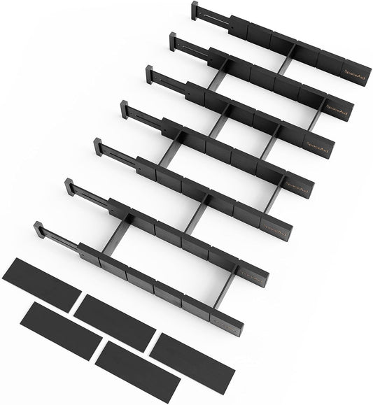 SpaceAid Bamboo Drawer Dividers with Inserts and Labels, Kitchen Adjustable Drawer Organizers, Expandable Organization for Home, Office, Dressers, 7 Dividers with 15 Inserts (17"-22" Black)