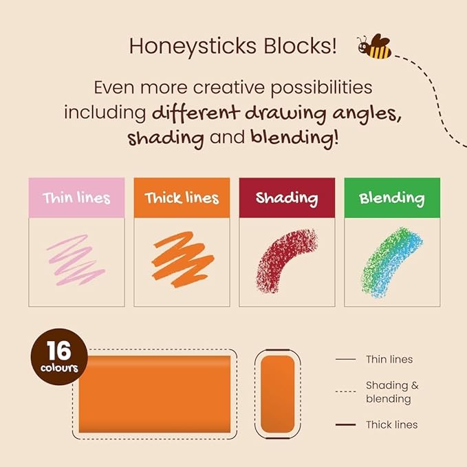 Honeysticks Block Crayons (16 Pack), Non-Toxic, Long-Lasting Jumbo Crayons for Kids, Toddlers, Made from Pure Beeswax and Food-Grade Colors, Ideal for Preschool Art Supplies