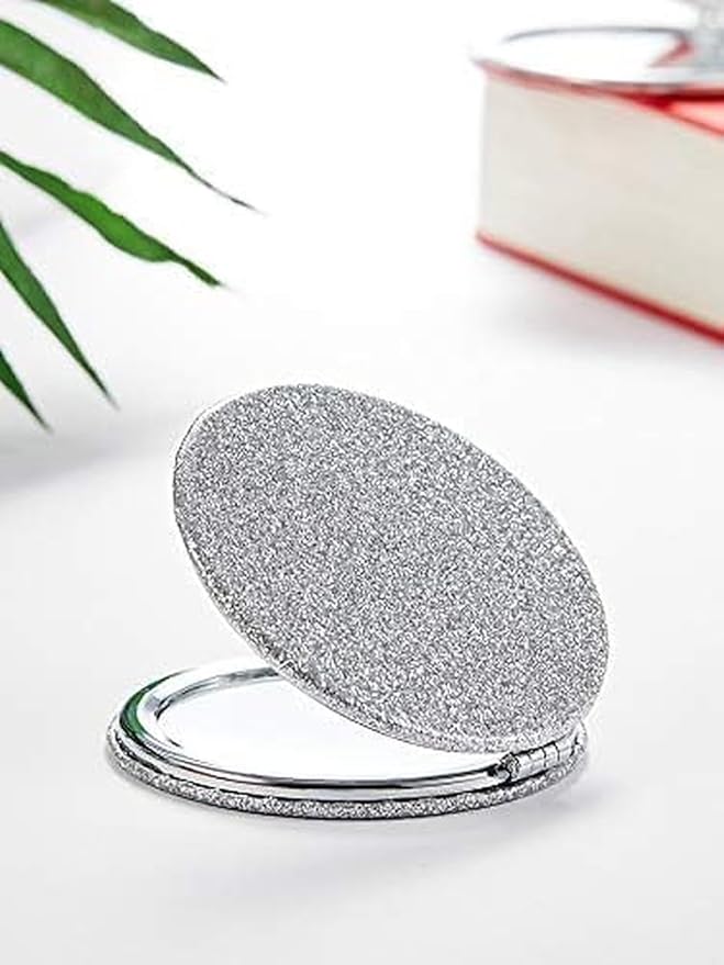 OMIRO 1X/10X Magnifying Compact Mirror with PU Leather, Ultra-Portable for Purses and Travel, Round Silver