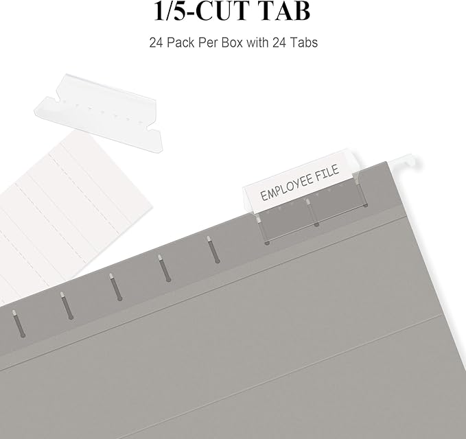 ViVin Hanging File Folders, 1/5-Cut Adjustable Tabs with 24 Per Box, 2 Inch Expansion, 24 Pack Letter Size Hanging File Folders, Designed for Office Home School Filing Cabinet(Gray)