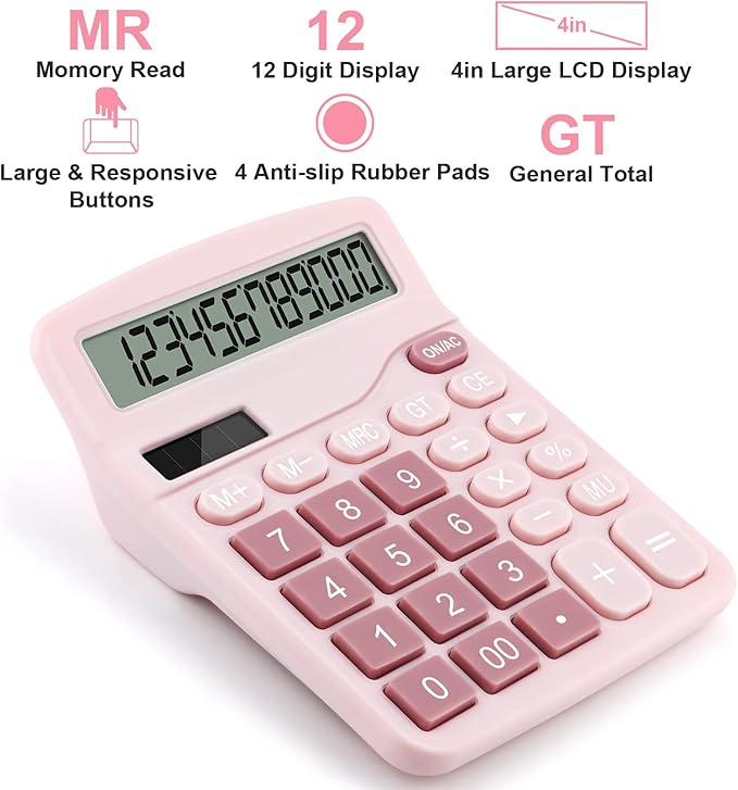 Office Desk Calculator with Solar Power, 12 Digits Large LED Display, Calculators Desktop with Big Buttons, Pink Office Home School Supplies (Pink)