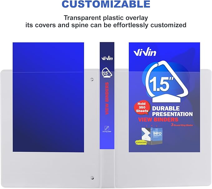 3 Ring Binder 1-1/2 Inch, ViVin Sturdy 1.5"-Slant D Ring Binder with 2 Interior Pockets, Clear View Cover, PVC-Free, Fits 350 Sheets of US Letter Size Paper (6 Pack, White)