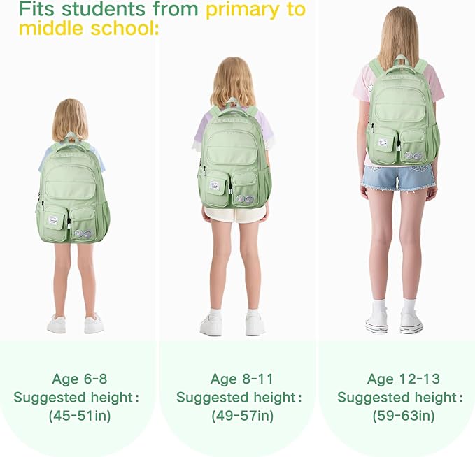 VASCHY Backpack for Girls, Cute School Bag Bookbag for Elementary Middle Schooler Teen Girls/Kids Travel with Clear Pin Pouch Green