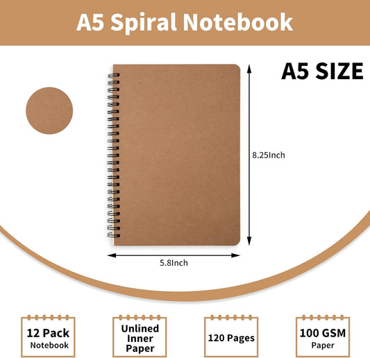 12 Pack Unlined Spiral Notebook- A5 Blank Journal, Unlined Notebook, Soft Cover Kraft Journal for Drawing, Writing, Office Supplies, School Supplies- 60 Sheets/120 Pages- 8.2 x 5.8