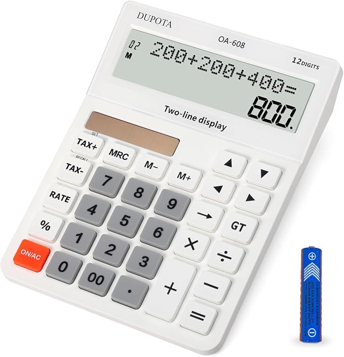 Desktop Calculator Large Display Big Buttons with 12 Digits 2-line LCD, Dual Solar Power and Battery, Calculator with Tax and Check Function for Office, Home, School and Business Large Size（OA-608）