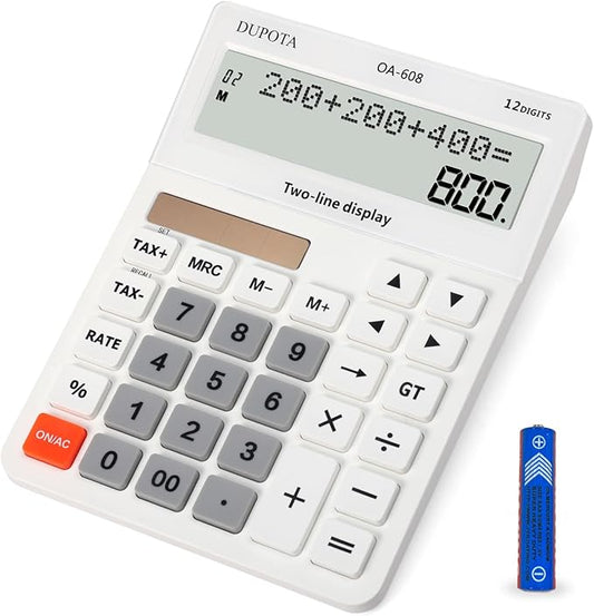 Desktop Calculator Large Display Big Buttons with 12 Digits 2-line LCD, Dual Solar Power and Battery, Calculator with Tax and Check Function for Office, Home, School and Business Large Size（OA-608）