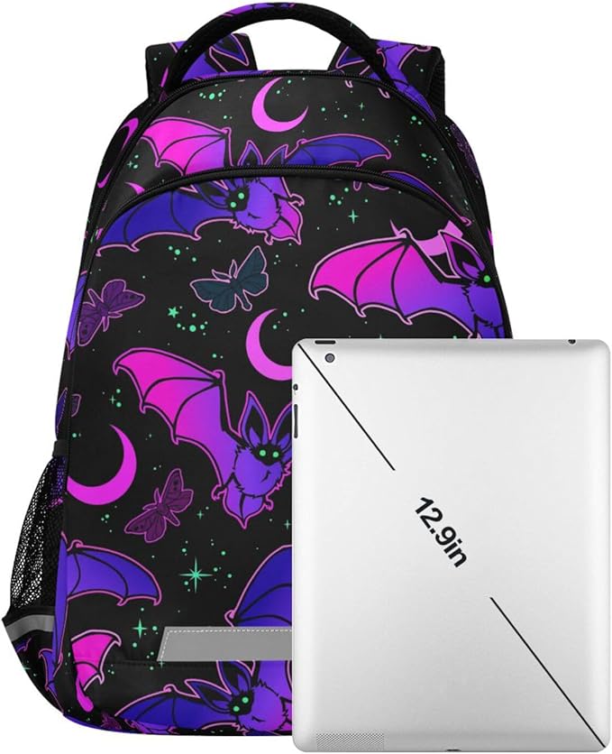 Bat Backpack for Students Boys Girls Purple Bat Gothic School Bag Travel Daypack Rucksack