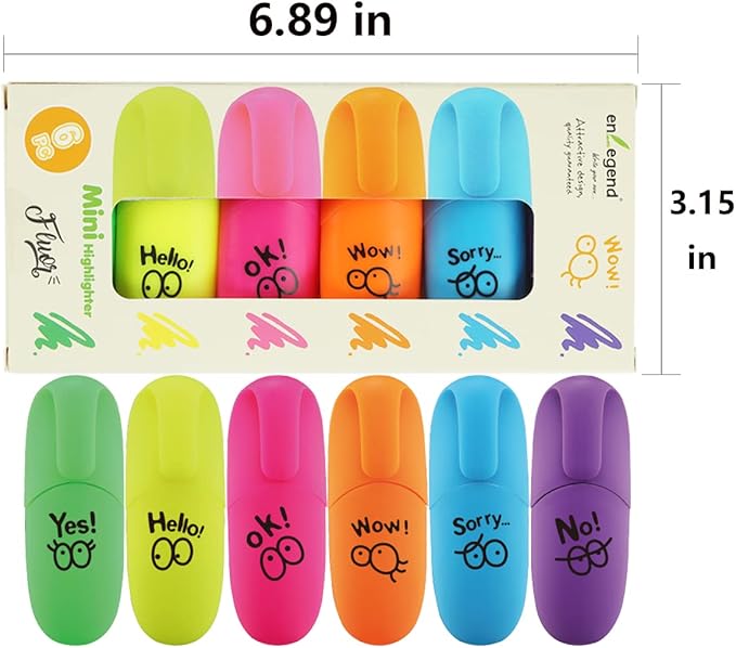 6 pieces Tiny Markers Fluorescent Colors Mini Highlighter Pen Neon Color Chisel Tip Cute Design Kawaii Gift