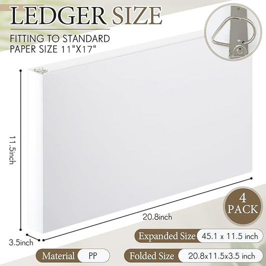 4 Pcs 11 x 17 Inch 3 Ring Binders 3 Inch Rings Heavy Duty View Plastic Flexible D Ring Binders Economy Holds 11" x 17" Paper for Artwork Blueprints, Office, Home, Work Places(White)