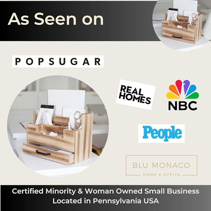 BLU MONACO Natural Wood Mail Organizer with Drawer, 5 Compartments, Desk Organizer for Women Office Desk Organization, 12.9x5.7x9 inches, 4.1 pounds