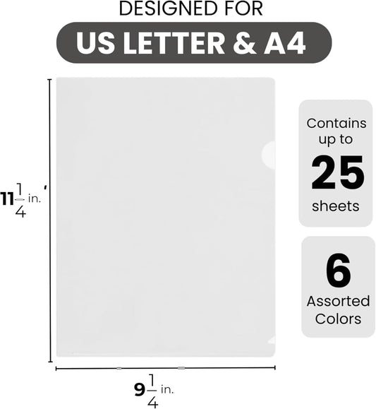 Letter Sized Poly Sleeves - 24 Pack, 6 Assorted Colors, Heavyweight for Sheets 8.5"x11", Project Pockets, Plastic Sleeves for documents Folders with L-Type, Page Protectors, Acid-Free
