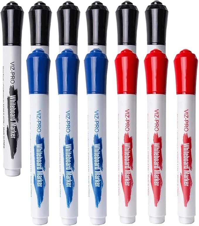 VIZ-PRO Dry Erase Markers Fine Bullet Tip, 3 Assorted Colors, 144 Pcs Low-Odor Whiteboard Pens