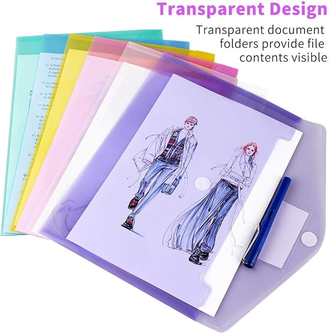 6 Pack Plastic Poly Filing Envelopes, Clear Document Folders US Letter A4 Size File Envelopes with Label Pocket & Paste Button for School Home Work Office Organization, 6 Assorted Color