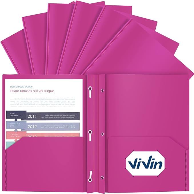 ViVin Sturdy Plastic Folders with Pockets and Prongs,12-Pack, 3-Prong Fasteners Folders with 2 Pockets, Holds US Letter Size Paper, for School/Office/Home (Purple)