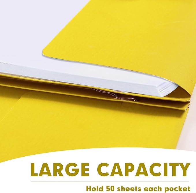 Two Pocket Folders, RAZCC 50 Pack Two Pocket Folders with Prongs, 3 Prong Folders Fit Letter Size Paper, Pocket File Folders for School Office Home Business, Yellow