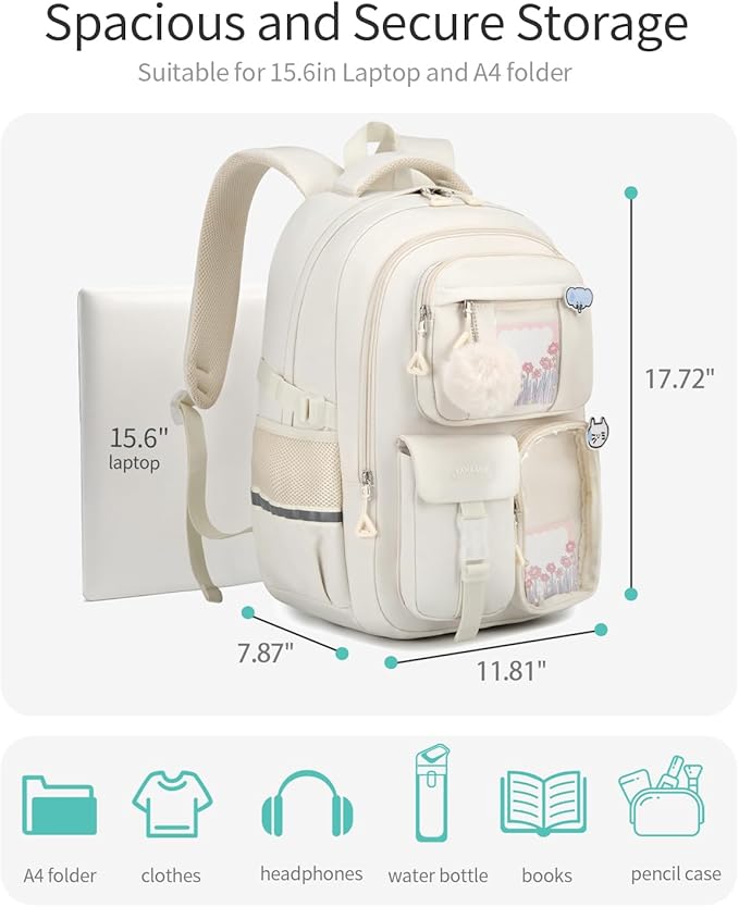 Backpack for Teen Girls, Cute Aesthetic School Backpacks with Accessories for Middle High School Students, Designer Backpack for Kids Bookbag, Beige