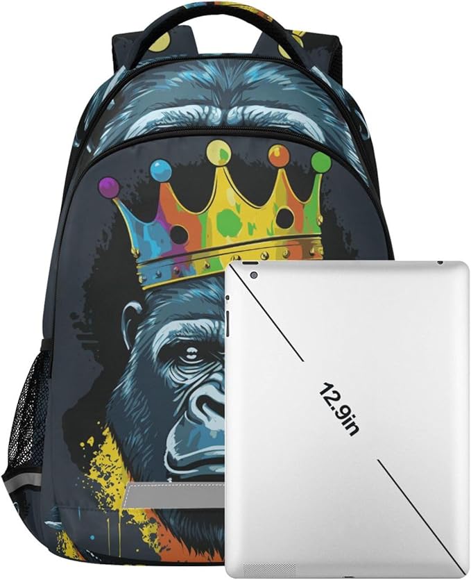 Gorilla with Crown Backpack for Boys Girls Elementary School Bag Kids Bookbag Travel Rucksack
