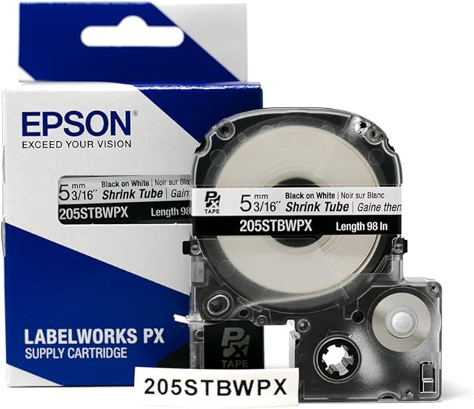Epson LABELWORKS 205STBWPX Genuine Tape Cartridge - Black on White Shrink Tube Industrial Label Maker Tape - AWG 8-12, 3/16" (5MM) Wide, 8 ft (96")
