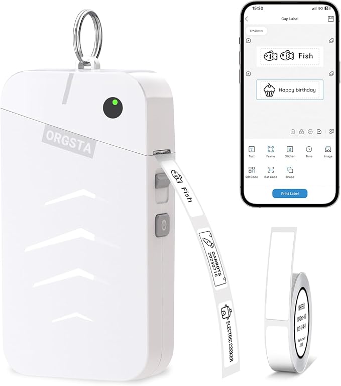 ORGSTA S001 Label Maker Machine with Tape, Portable Bluetooth Label Maker for Home and Office Organization, Thermal Label Printer Mini Sticker Maker with Multiple Templates, White