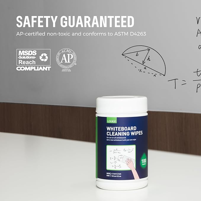 Loukin Whiteboard Cleaning Wipes, Dry Erase Board Cleaning Wipes, Non-toxic White board Wipes, 100 Wipes per Canister, 6 Pack