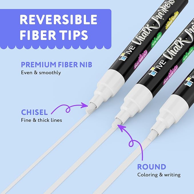 TFIVE White Chalk Markers - Dry & Wet Erase Marker Pens for Chalkboards, Signs, Windows, Blackboard, Glass, Mirrors, Liquid chalkboard markers with Reversible Tip and 24 Labels(8 Pack)