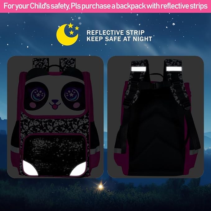 3PCS Bookbag for Girls, 15" Kids Sequin Bookbag with Lunch Box, Panda School Bag Set for Elementary Preschool Toddler