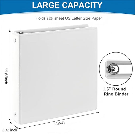 1.5 Inch 3 Ring Binder, 1-1/2“ Binder with 2 Interior Pockets, Durable White View Binders, Clear View Cover, Holds up to 325 Sheets US Letter Size, Perfect for Office/Home/School.（6 Pack）