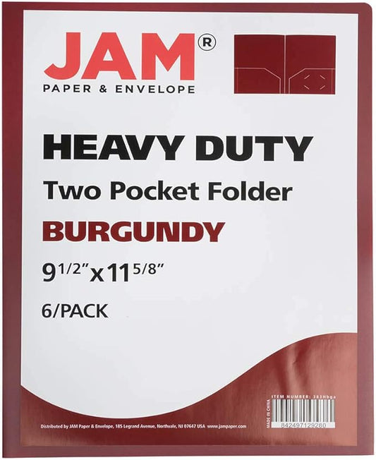 JAM PAPER Heavy Duty Plastic 2 Pocket Extra Tough School Folders - Burgundy - 6/Pack