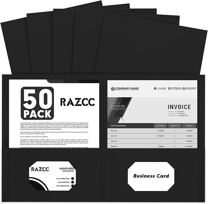 Two Pocket Folders, RAZCC 50 Pack 2 Pocket Folders Fit Letter Size Paper, Paper Folders with Pockets for School Office Business Home, Black