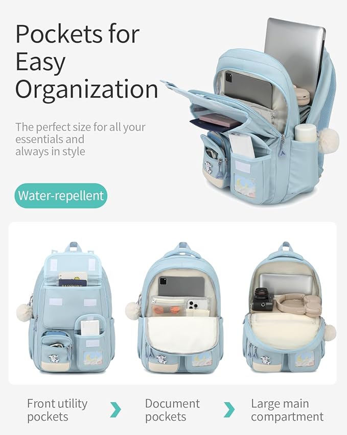 Middle School Backpacks for Girls, Teens Backpack for High School Kids Schoolbag with Accessories for Elementary, Cute Ita Bookbag, Blue