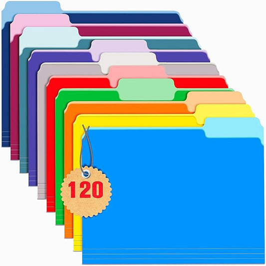 WEMEMORN 120 Pack Two Tone Color File Folders 8.5 x 11 Inch, 1/3 Cut Tab File Folders Letter Size, Assorted Colors, 10 Color File Folder, School Business Office Home Folders for Document Organization