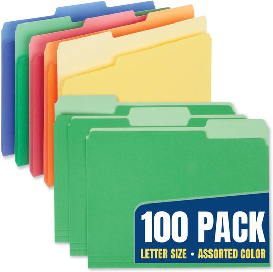 1InTheOffice Colored File Folders Letter Size, 1/3 Cut Tab, Assorted Colors, 100 Pack
