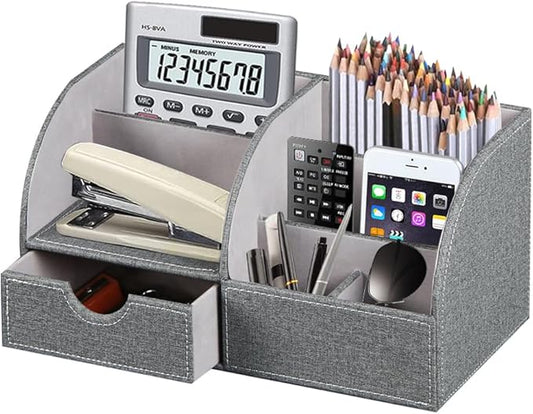 Desk Organizer, PU Leather Desktop Organizers and Accessories, Office Supplies Multi-Functional Caddy Storage with 6 Compartments and 1 Drawer,