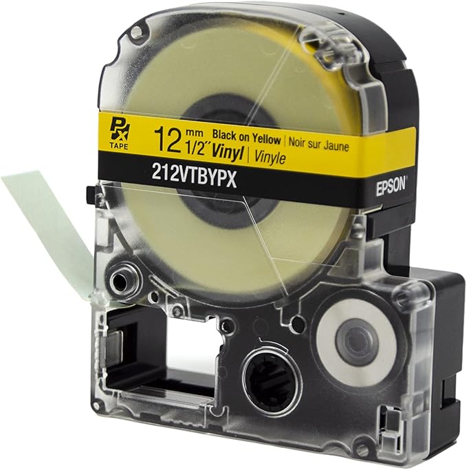 Epson LABELWORKS 212VTBYPX Genuine Tape Cartridge - Black on Yellow Flexible and Durable Vinyl Industrial Label Maker Tape - 1/2" (12MM) Wide, 22.9 ft