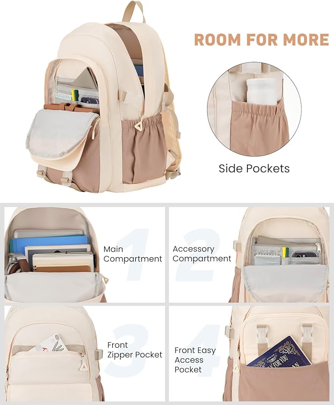 School Backpack for Teen Girls, 15.6 Inch Laptop Backpack Women Kids Bookbag for Middle High School Cute College Bag for Students, Khaki Beige