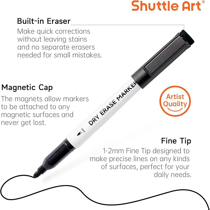 Shuttle Art Dry Erase Markers, 15 Pack Black Magnetic Whiteboard Markers with Erase,Fine Point Dry Erase Markers Perfect For Writing on Whiteboards, Dry-Erase Boards,Mirrors for School Office