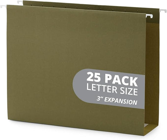 Blue Summit Supplies Extra Capacity Hanging File Folders, 25 Reinforced Hang Folders, Heavy Duty 3 InchExpansion, Designed for Bulky Files and Charts, Letter Size, Standard Green, 25 Pack
