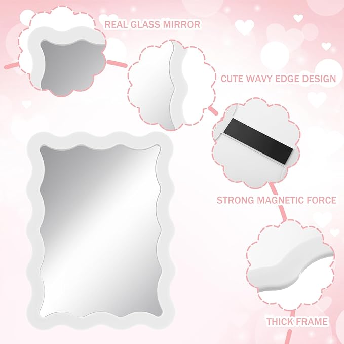 Leinuosen Scalloped Magnetic Locker Mirror 5''x7'' Small Real Glass Makeup Mirror with Magnetic Backing Cute Locker Decorations for Office Cabinet Lockers Accessories(White)