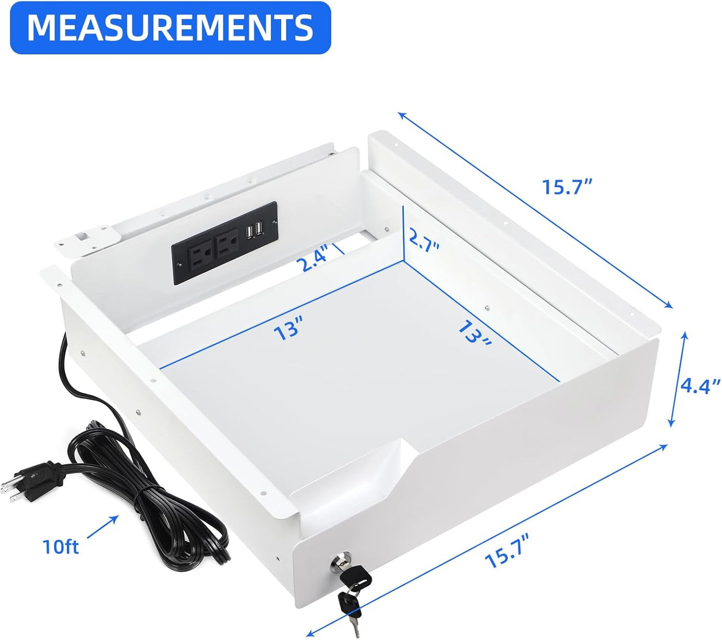 Lumil Under Desk Mounted Drawer Lockable with 3 Prong Extension Cord 10 FT with Multiple Outlets and Foldable Cable Management Arm for Office Desk 15.7" (W) x 15.7" (D) x 4.4" (H), White