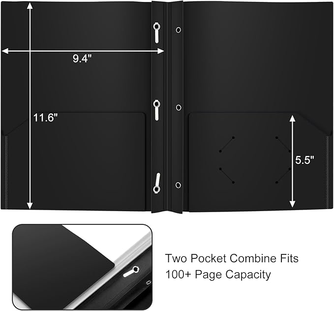 Heavy Duty Plastic Folder, 60 Pack, Pocket Folder with brads, Letter Size Poly File, Plastic Folders with 3 Prongs Fasteners - Black