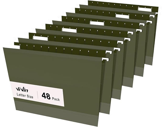 ViVin Hanging File Folders, 1/5-Cut Adjustable Tabs with 48 Per Box, 2 Inch Expansion, 48 Pack Letter Size Hanging File Folders, Designed for Office Home School Filing Cabinet(Green)