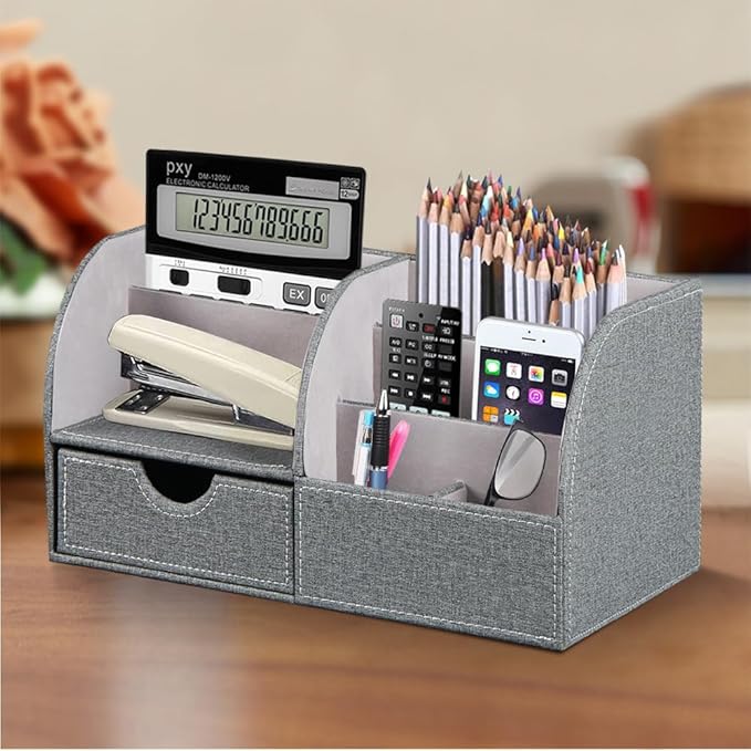 Desk Organizer, PU Leather Desktop Organizers and Accessories, Office Supplies Multi-Functional Caddy Storage with 6 Compartments and 1 Drawer,